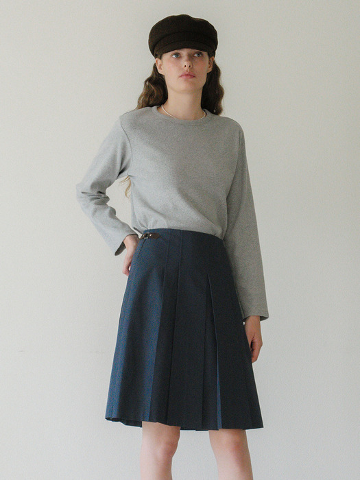 U Pleats Leather Detail Skirt_2colors