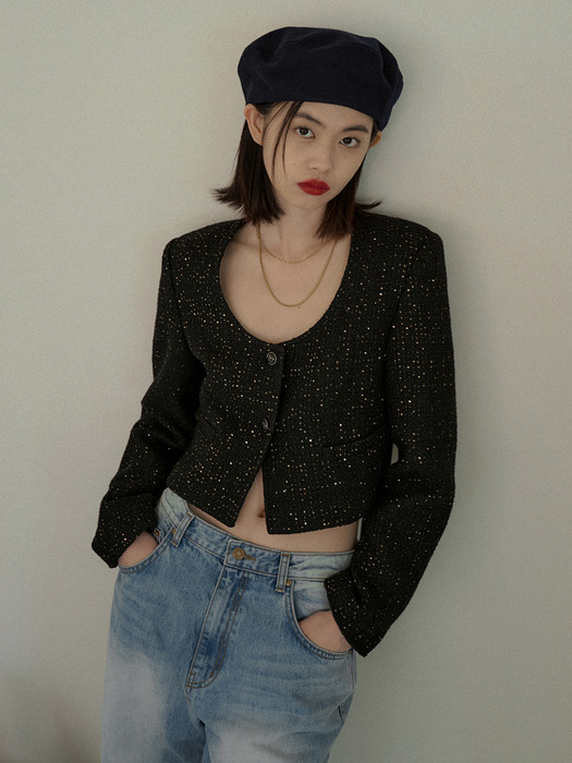 TWEED U NECK CROP JACKET_BLACK