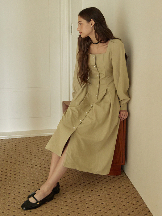 Puff square neck deep pintuck long dress - khaki