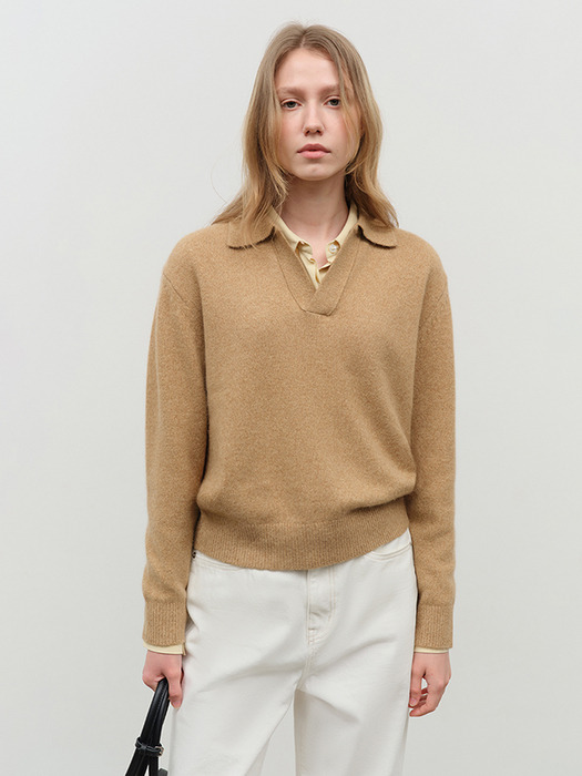 UNISEX OPEN COLLARED CASHMERE SWEATER CAMEL_UDSW4D137CM