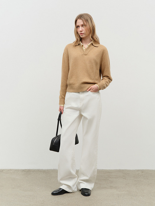 UNISEX OPEN COLLARED CASHMERE SWEATER CAMEL_UDSW4D137CM