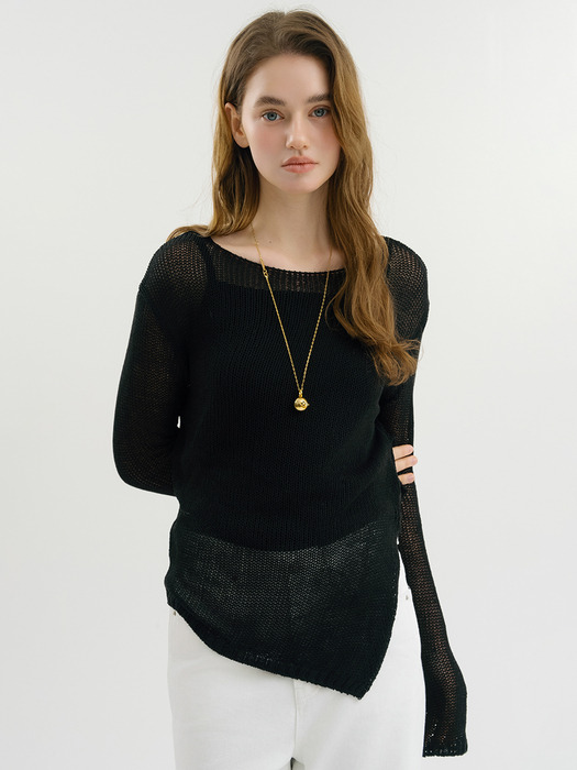 D Slit Linen Boat Neck Knit_Black