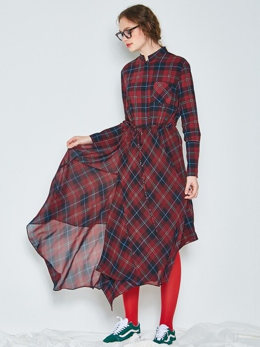 Chiffon layer check dress [Wine]