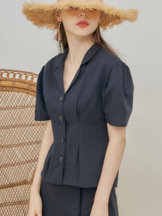 comos27 linen pintuck blouse (navy)