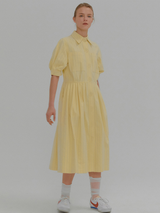 MARGARET Yellow Stripe Volume Sleeve Shirt Dress