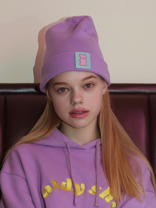 pink bear logo knit beanie - PURPLE