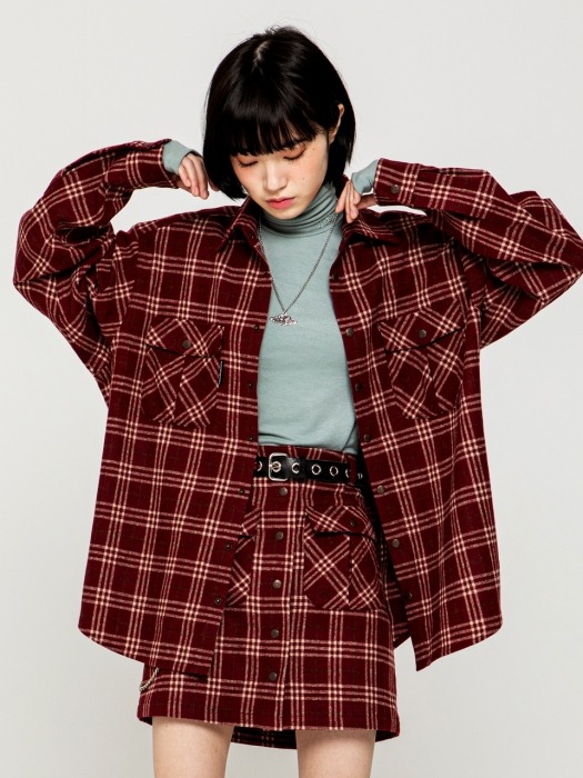 RNHI SNAP FLY CHECK LOOSE SHIRTS [RED WINE]