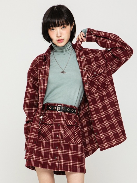 RNHI SNAP FLY CHECK LOOSE SHIRTS [RED WINE]