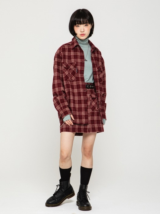 RNHI SNAP FLY CHECK LOOSE SHIRTS [RED WINE]