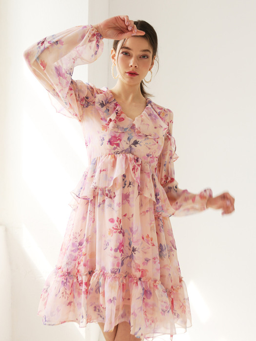Flower dream romantic ruffle dress (Soft peach)