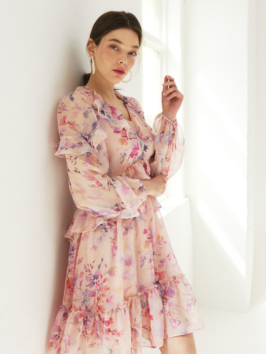 Flower dream romantic ruffle dress (Soft peach)