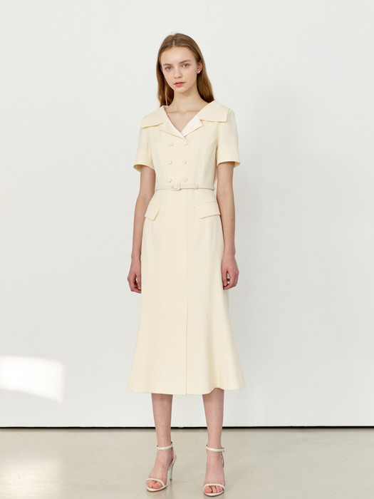 [미전시]LOWELL Wide collar double-breasted detail dress (Cream ivory)