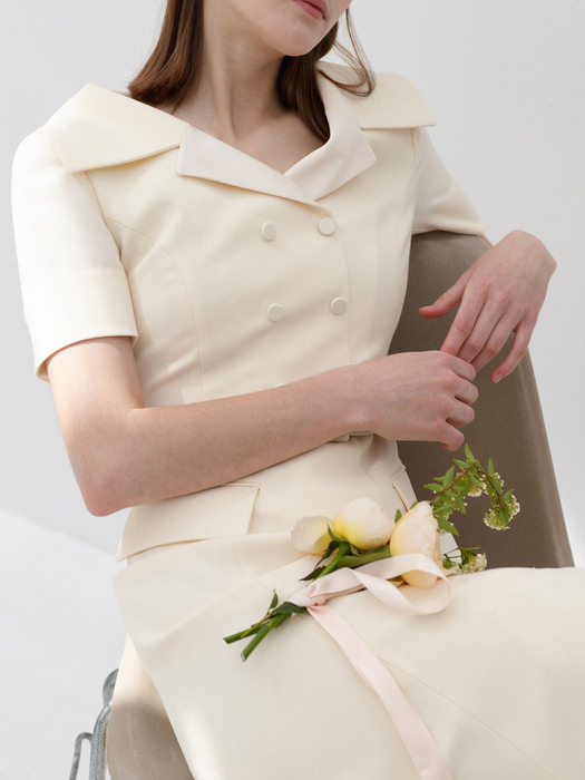 [미전시]LOWELL Wide collar double-breasted detail dress (Cream ivory)