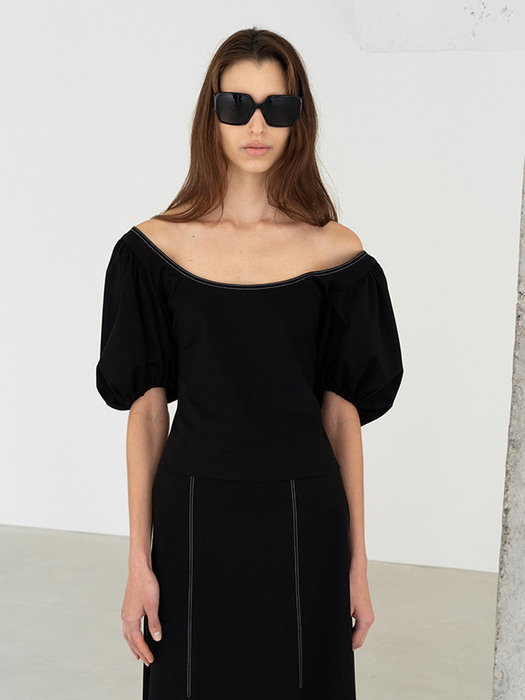 CHRIS TOPSTITCHED PUFF SLEEVE TOP (BLACK)