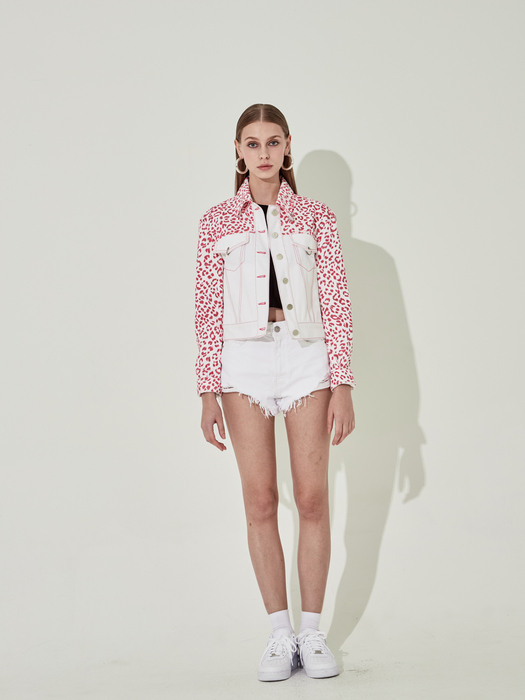 Block Cropped Denim Jacket [Pink Leopard]