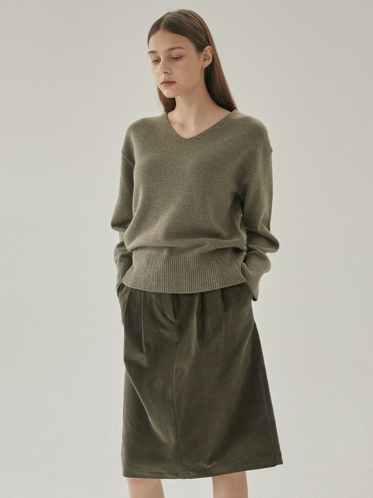 Corduroy Two Tuck Skirt - Khaki