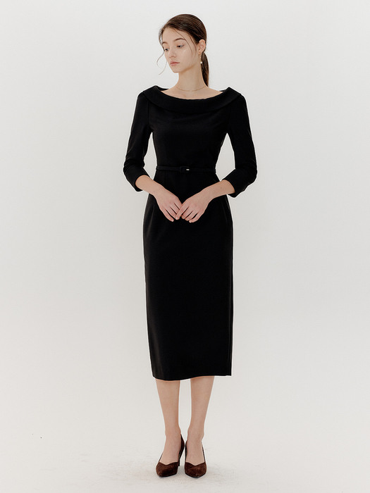 BOAT NECK BELTED H LINE DRESS_BLACK