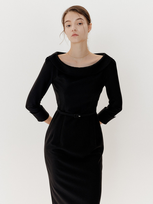 BOAT NECK BELTED H LINE DRESS_BLACK