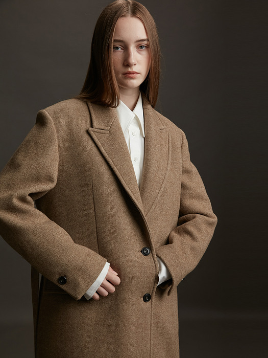 Coat Fancy Harringbone Wool Alpaca Blend Melange Beige