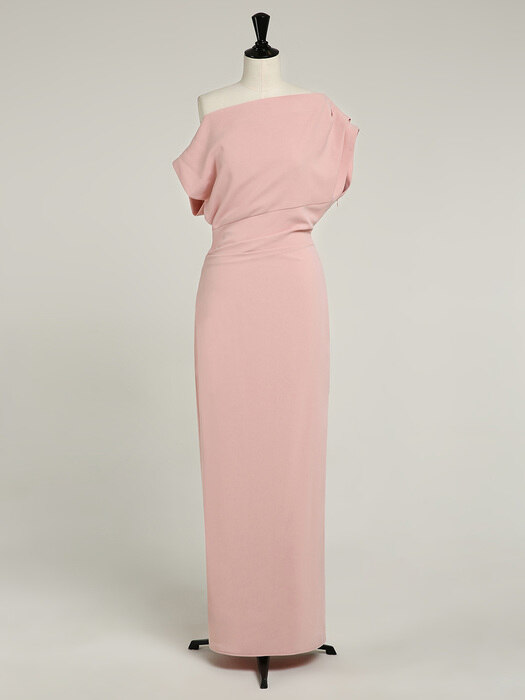 ATHENA Asymmetric sleeve flared maxi dress (Light pink)