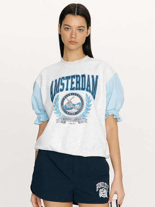 [N][SET] Amsterdam Frill sleeve city artwork sweatshirt (Melange gray&Blue) + KUKIO skirt (Dark pastel blue)