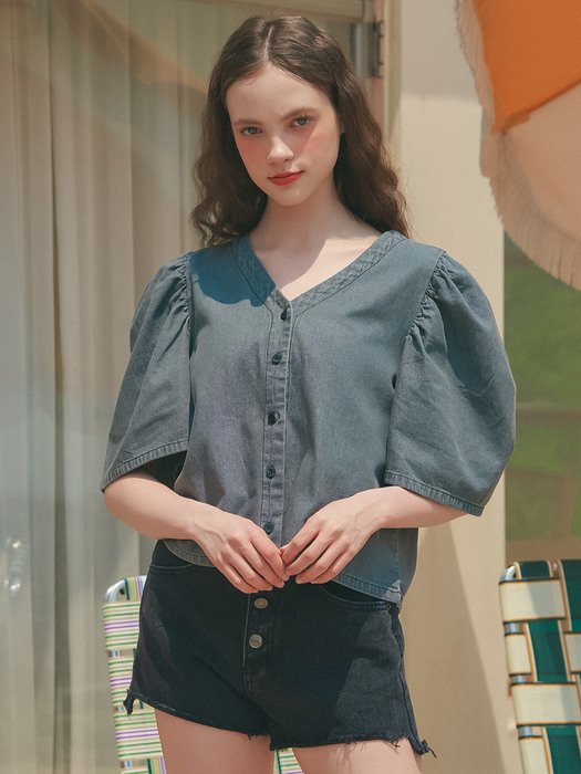 UP-240 V네크 셔링소매 블라우스 그레이  . V NECK SHIRRING SLEEVE BLOUSE_GRAY