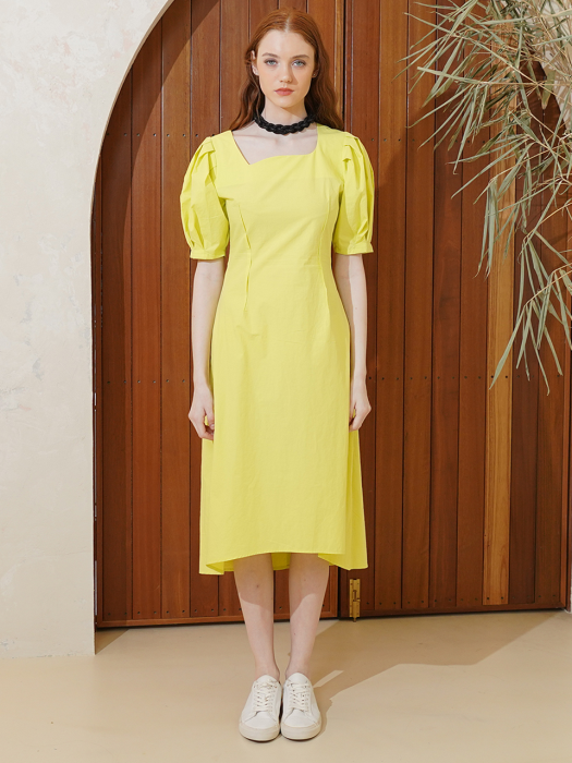 ?Organ puff-sleeve midi-dress(neon yellow)