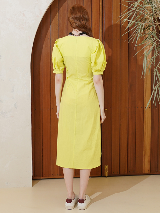 ?Organ puff-sleeve midi-dress(neon yellow)