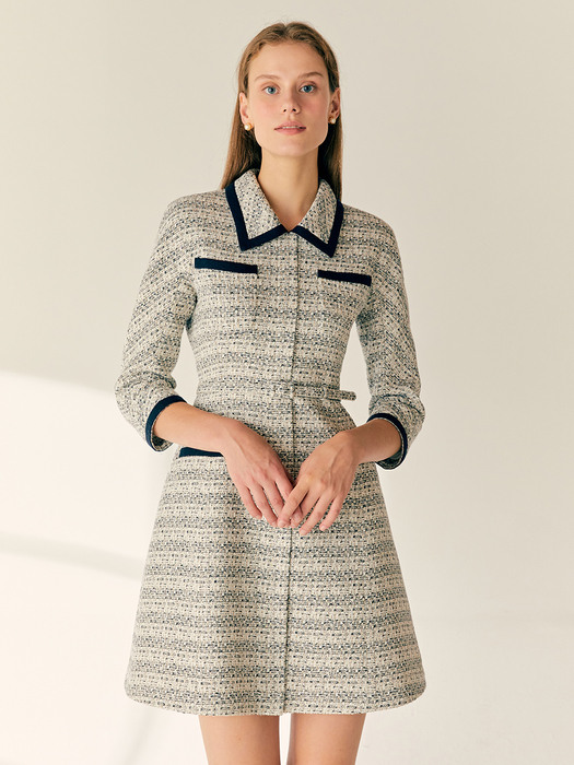 MIKHAILA Raglan-sleeve A-line short tweed dress (Beige&Navy)