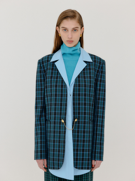 VAMBI Shirt-Collar Single Blazer - Blue Check/Light Blue