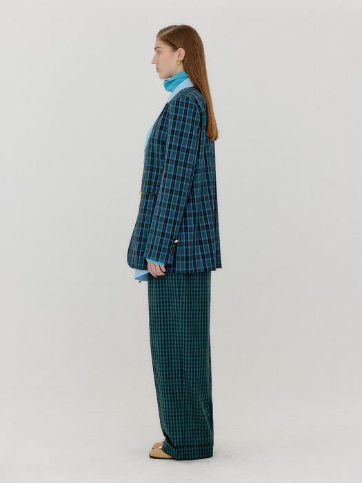 VAMBI Shirt-Collar Single Blazer - Blue Check/Light Blue