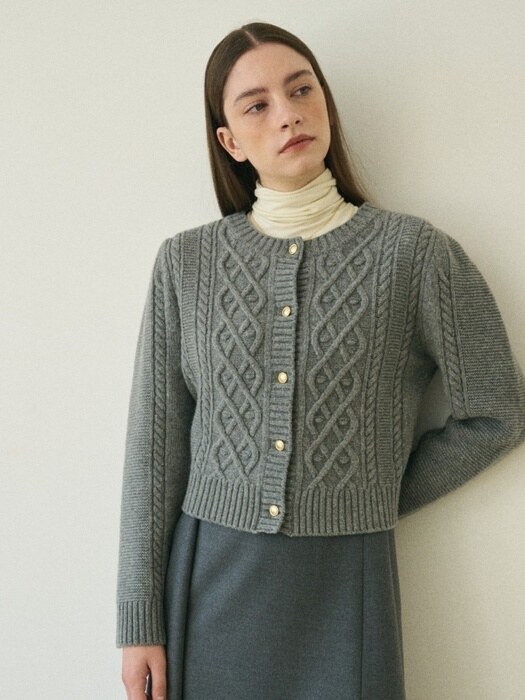 WOOL CABLE ROUND KNIT CARDIGAN_GREY