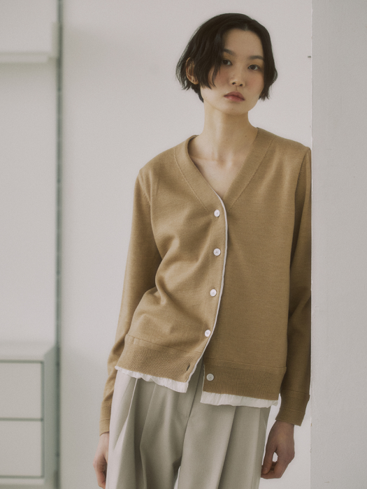 BEIGE WOOL WOVEN LINING CARDIGAN