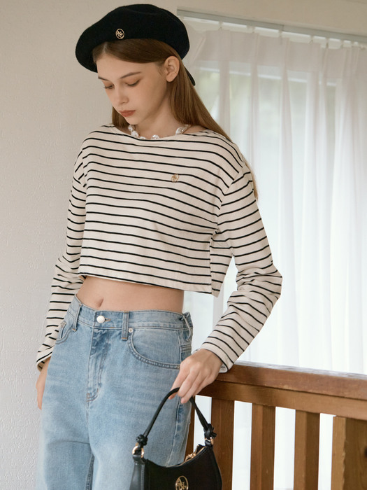 BOAT NECKLINE STRIPE CROP T-SHIRT_IVORY