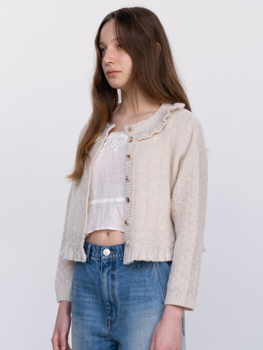 Via Sandy frill knit cardigan (Fog ivory)