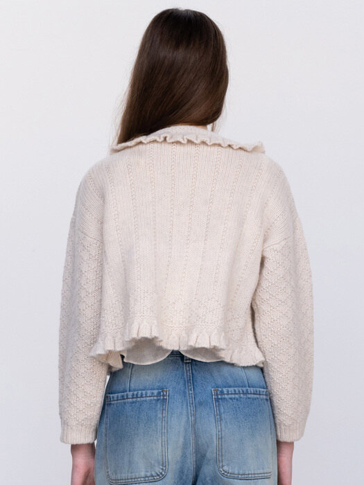 Via Sandy frill knit cardigan (Fog ivory)