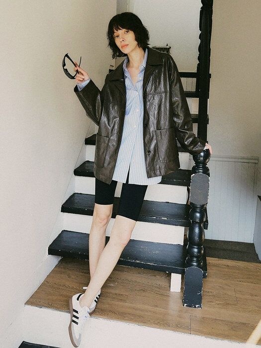 O3715 Archive leather half coat_Brown