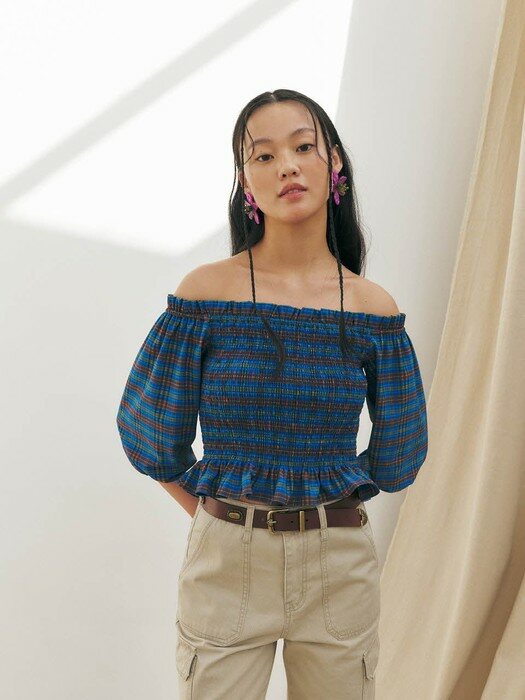Smocked checked Off-the-Shoulder Blouse, Blue Check