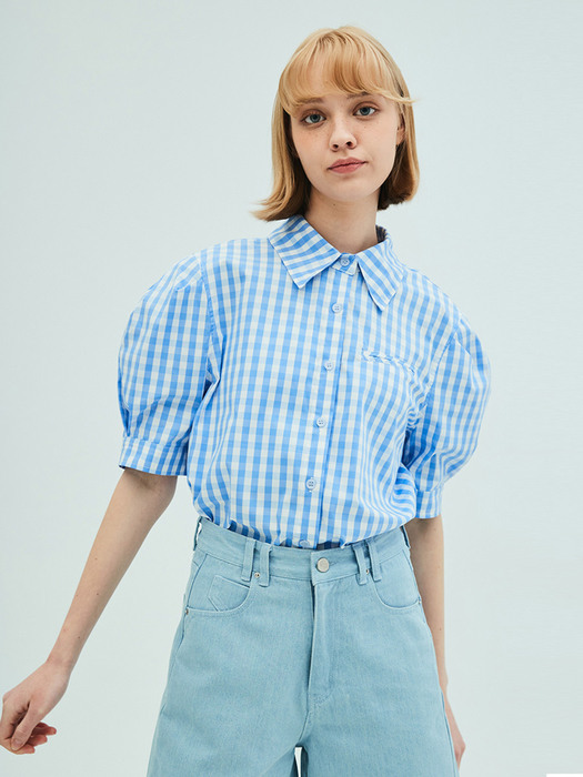 Puff Short Sleeve Check Blouse_Blue