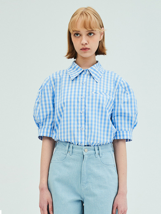 Puff Short Sleeve Check Blouse_Blue