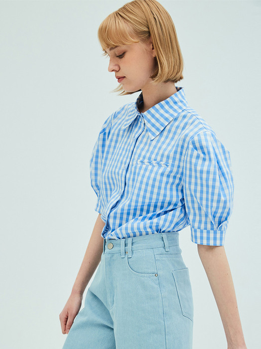 Puff Short Sleeve Check Blouse_Blue