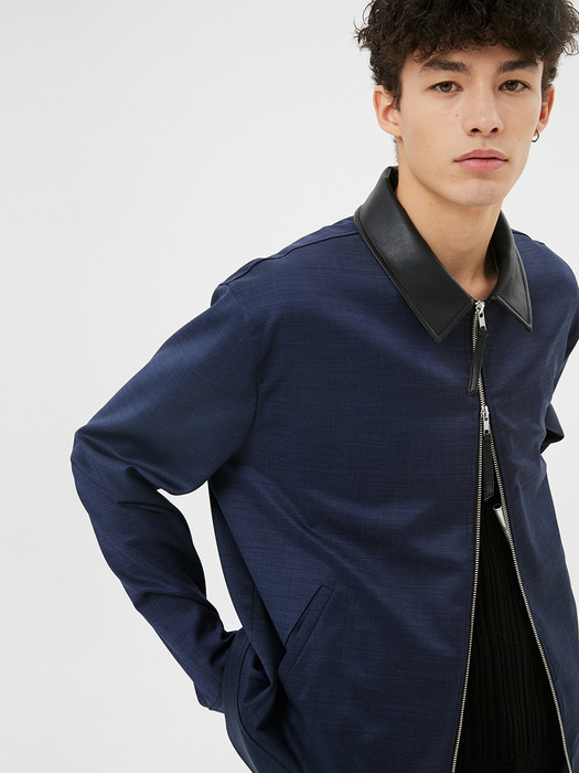 UNISEX, Leather Collar 2-Way Zip Shirt Jacket / Navy