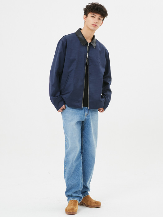 UNISEX, Leather Collar 2-Way Zip Shirt Jacket / Navy