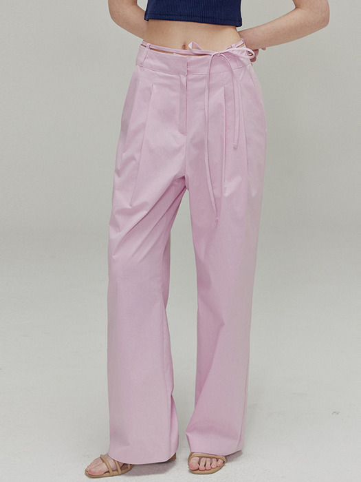 Ribbon cotton two-tuck wide pants_Pink