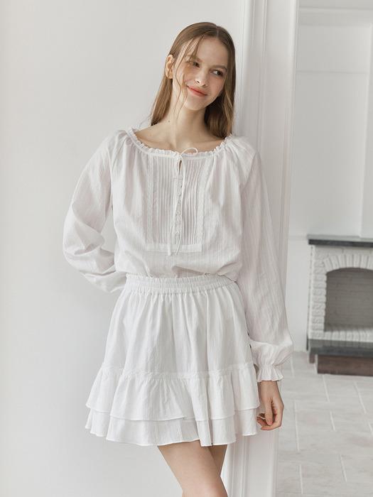 LACE TRIM TIERED BANDING SKIRT_WHITE