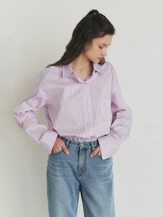 MARTIN over sized semi-cropped stripe shirts_Pink Stripe