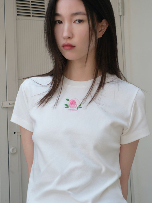 Rose Embroidered Tee, ivory