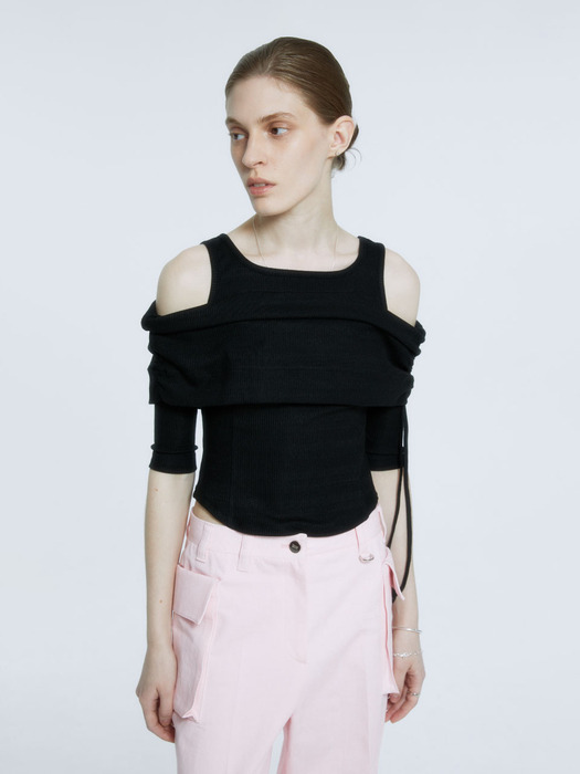 EPOQUE Draped Double-Layered Off-Shoulder Knitted Top_Black