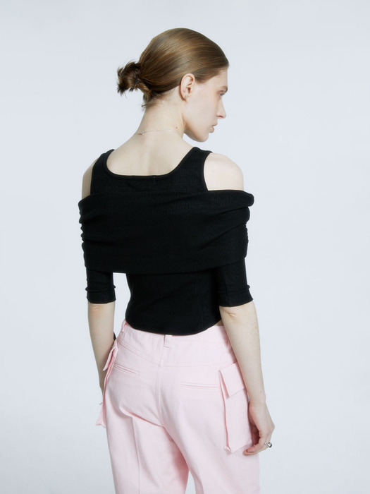 EPOQUE Draped Double-Layered Off-Shoulder Knitted Top_Black