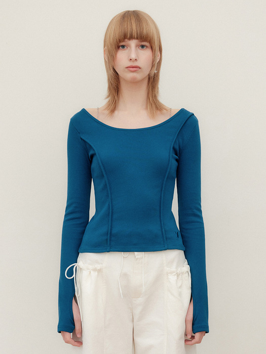 CHAIN RIBBED U-NECK TOP - BLUE
